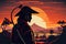 japanese drawing samurai watching the sunset. Generative AI