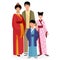 Japanese family. Japanese man and woman with boy and girl kids in traditional national clothes.