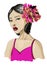 Japanese fashion girl model with flowers. Vector illustration.