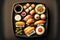 japanese fast food sushi set with rolls and sashimi in plate