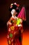 Japanese female kimono doll wearing red paper umbrella with flowers in hair and green glowing tritium trinket