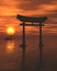 Japanese Floating Torii Gate at a Shinto Shrine, Sunset