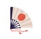 Japanese folding hand fan with symbol of Japan or red-colored disc of sun. Traditional Asian accessory. Colorful flat