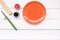 Japanese food cooking set with soy sauce, ginger, plate, bamboo sticks on white wooden background top view copy space