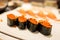 Japanese food dish, Salmon Roe Maki or sushi, depth of field effect