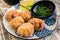 Japanese food: fried chicken karaage with lemon and seaweed salad
