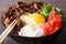 Japanese Food: gyudon beef with rice and egg close-up in a bowl.