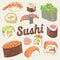 Japanese Food Hand Drawn Doodle. Sushi and Rolls with Rice and Fresh Fish