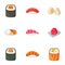Japanese food icons set, cartoon style