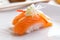 Japanese food nigiri salmon sushi on white plate