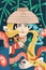 Japanese food ramen poster hand-drawn design. Japan national noodle dish. Squid or octopus tentacles entwined samurai