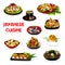 Japanese food of rice, noodles, shrimp sushi, fish