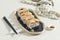 Japanese Food Salmon Mentai Sushi Roll with Crab Stick on Long Blue Oval Plate
