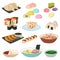 Japanese food sushi asian rice with fish traditional meal icon set and healthy seafood roll salmon cuisine gourmet