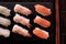 Japanese food sushi black slate chopsticks top view