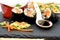 Japanese food sushi rice chicken fish soup vegetables soya sauce noodles