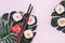 Japanese Food Sushi with Salmon Ginger on Tropical Leaves Monstera Pink Background Top View Copy Space Horizontal Chopsticks