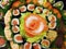 Japanese food sushi and sashimi composition plate top view
