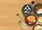 Japanese food on top view wooden background
