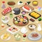 Japanese food vector eat sushi sashimi roll or nigiri and seafood with rice in Japan restaurant illustration