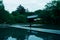 Japanese garden. girl on the bridge over an artificial pond