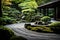 Japanese garden with green trees and stone pathway in Kyoto, Japan, AI Generated
