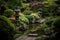 Japanese garden with pond and stone lanterns, closeup of photo