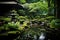 Japanese garden with pond and stone lanterns in summer