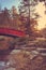 Japanese garden with red arched bridge in Sarah P. Duke Gardens