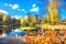 Japanese garden of stones in park Kadriorg with beautiful pond at golden autumn. Tallinn, Estonia