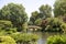 Japanese garden with wooden bridge in Missouri Botanical garden USA