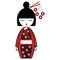 Japanese Geisha doll with black and red kimono with flowers inspired and stick in hair by Asian Culture