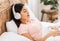 Japanese Girl In Headphones Listening To Music Relaxing At Home