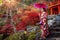 Japanese girl in kimono traditional dress walk in a park