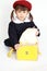 Japanese girl in kindergarten uniform high angle white back