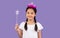 Japanese Girl Wearing Crown Holding Magic Stick Over Purple Background