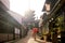 Japanese girl in Yukata with red umbrella in old town Kyoto