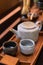 japanese green tea cup traditional, Green tea accessories on tray on wooden table. Japanese tea ceremony concept