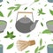 Japanese green tea matcha seamless pattern. Clay teapot, a cup of tea and with green leaves. Oriental tea ceremony. Vector texture