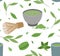 Japanese green tea matcha seamless pattern.Wood whisk, cup of tea, cookie and with green leaves. Oriental tea ceremony. Vector