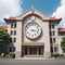 Japanese high school facade building with time clock in traditional classic style