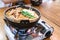 Japanese hotpot buta akakara nabe with pork and spicy soup