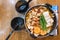 Japanese hotpot buta akakara nabe with pork and spicy soup