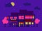 Japanese houses night. Flat flat illustration of a building. Neon style. Spring and Sakura