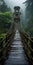 Japanese Inspired Wooden Bridge In A Dark Green Forest