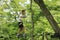 Japanese junior high school student playing at outdoor obstacle course on tree