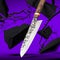 Japanese Kitchen Knife With Clipping Path on Violet Background Near Stones And Branches. Damascus Steel. 3d rendering