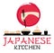 Japanese kitchen logotype. Hand with chopsticks. Asian style. Food service. Sushi bar logo. Typographic labels, symbol, stickers,