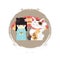 Japanese kokeshi cartoon doll in kimono with maneki neko luck cat wawing paw vector illustration.