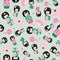 Japanese kokeshi dolls and folding fans. Seamless pattern background design print. Vector illustration